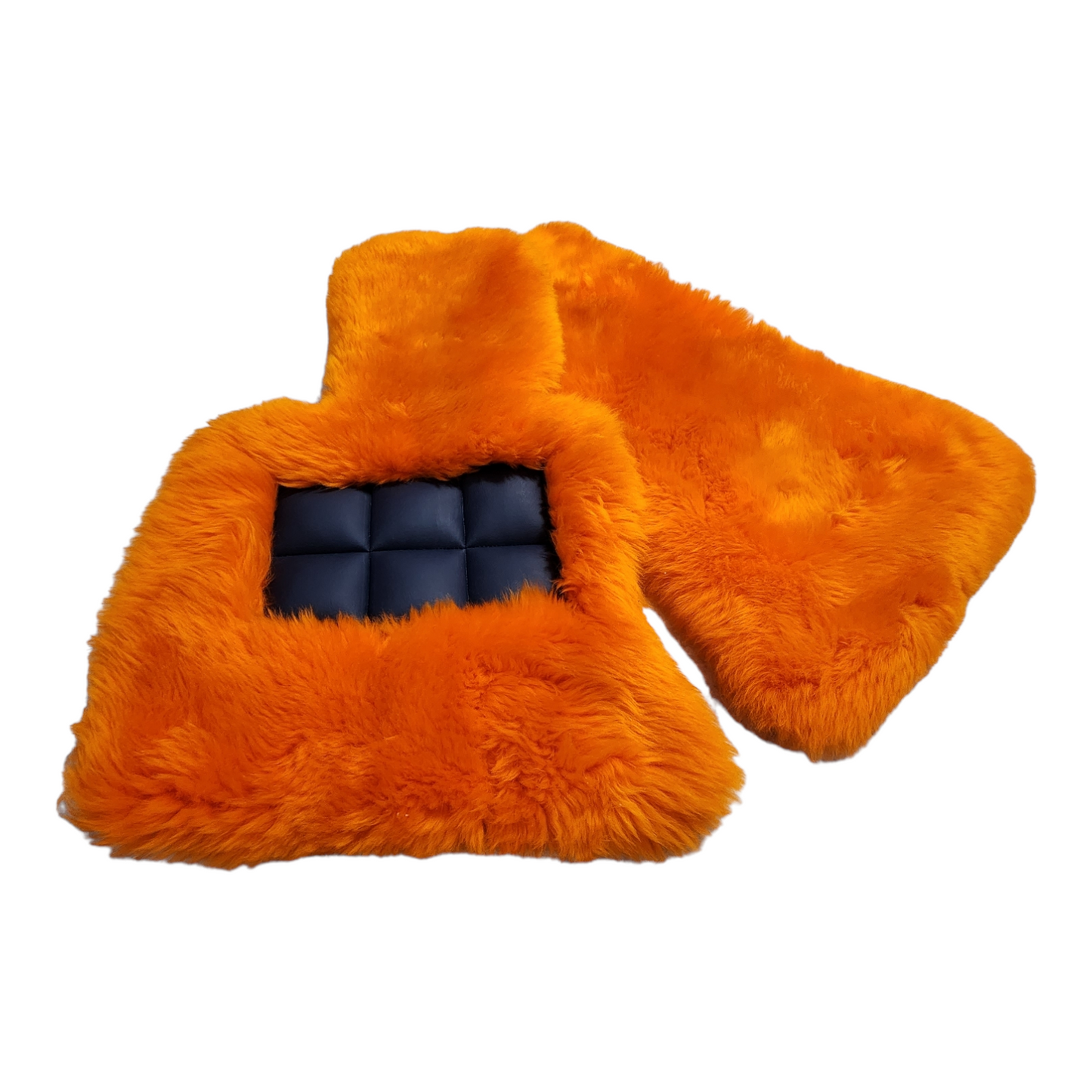 Orange Genuine Sheepskin Floor Mats Shown in Extra Plush Black 2 Inch Thickness