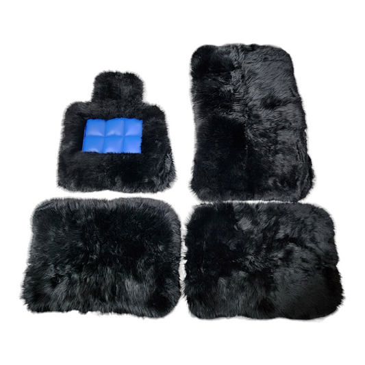 Genuine Long Wool Black Sheepskin Floor Mats Cobalto Blue Trim custom fits Rolls Royce - Cullinan, Ghost, Phantom, Wraith, Dawn, Spectre